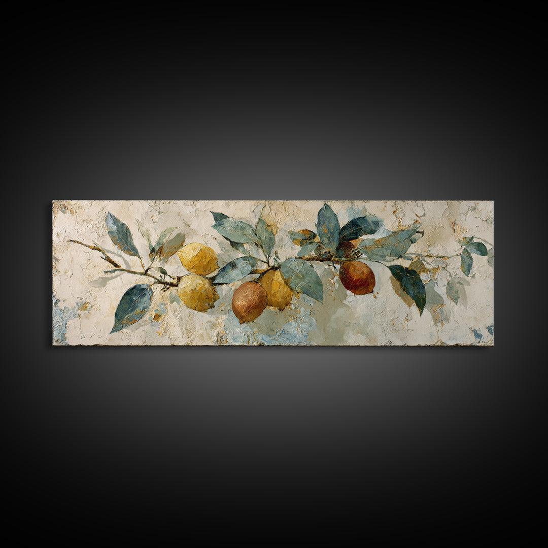 Mediterranean Lemon Branch Still Life Canvas Print, Wall Art, Boho Decor, Living Room Decor, Fine Art, Painting, WAL-3x1-62