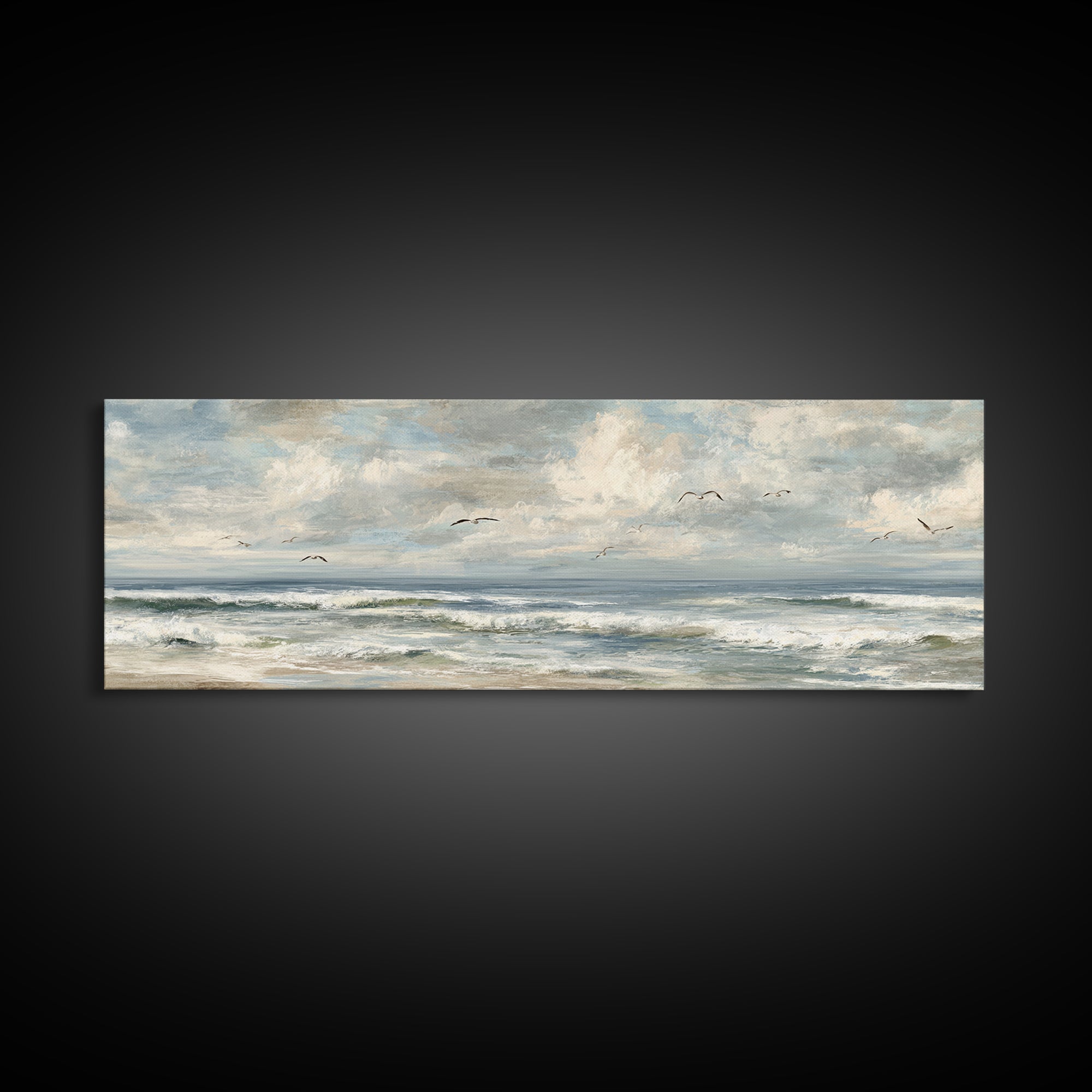 Classic Seascape with Dramatic Clouds Framed Canvas Print, Wall Art, Mid Century Modern, Living Room Decor, Abstract Art, WAL-3x1-67