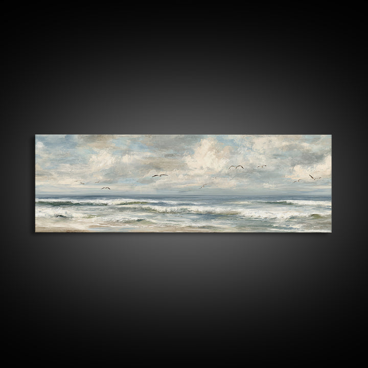 Classic Seascape with Dramatic Clouds Framed Canvas Print, Wall Art, Mid Century Modern, Living Room Decor, Abstract Art, WAL-3x1-67