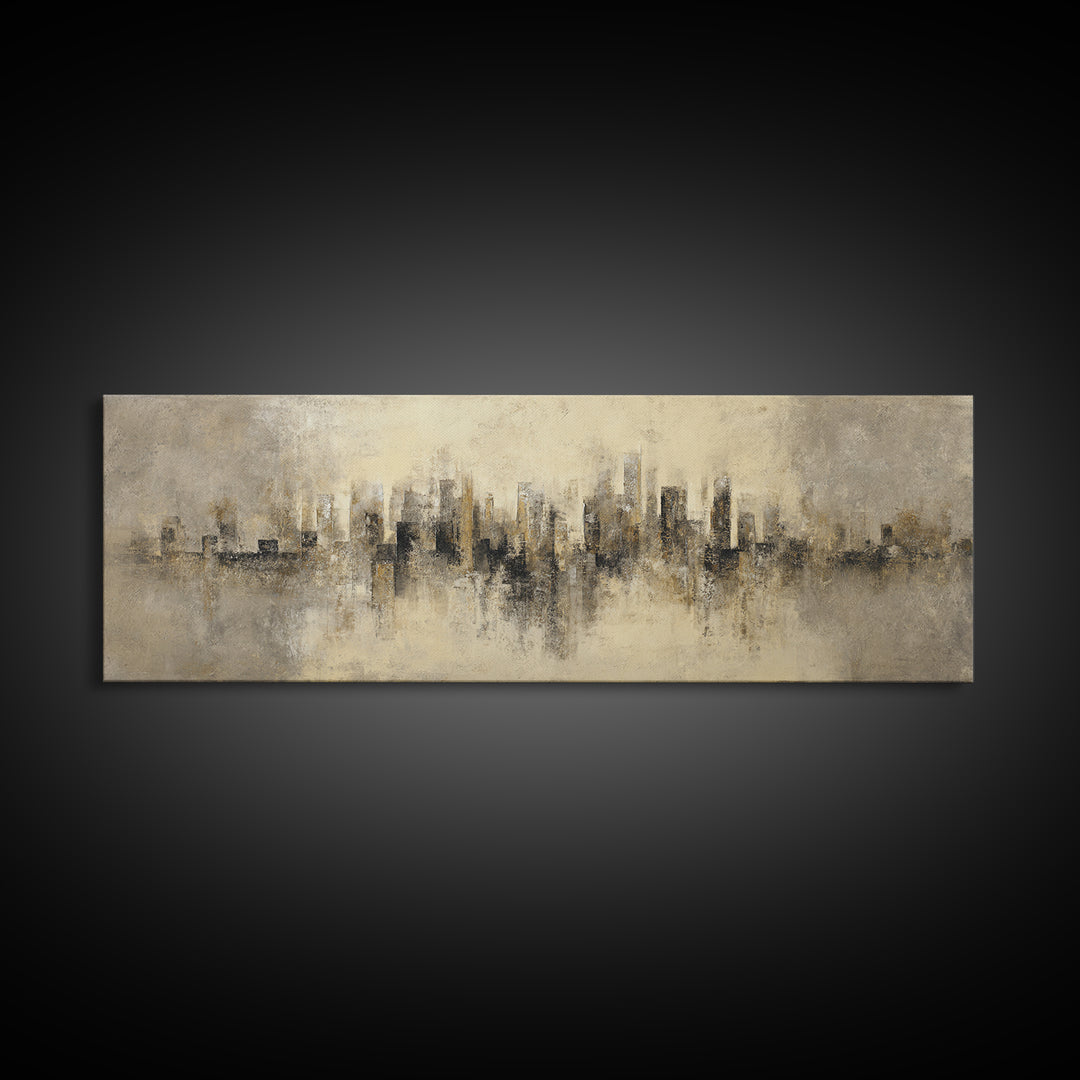 Urban Skyline in Muted Evening Color Framed Canvas Print, Wall Art, Art Deco, Living Room Decor, Fine Art, Abstract Wall Art, WAL-3x1-82
