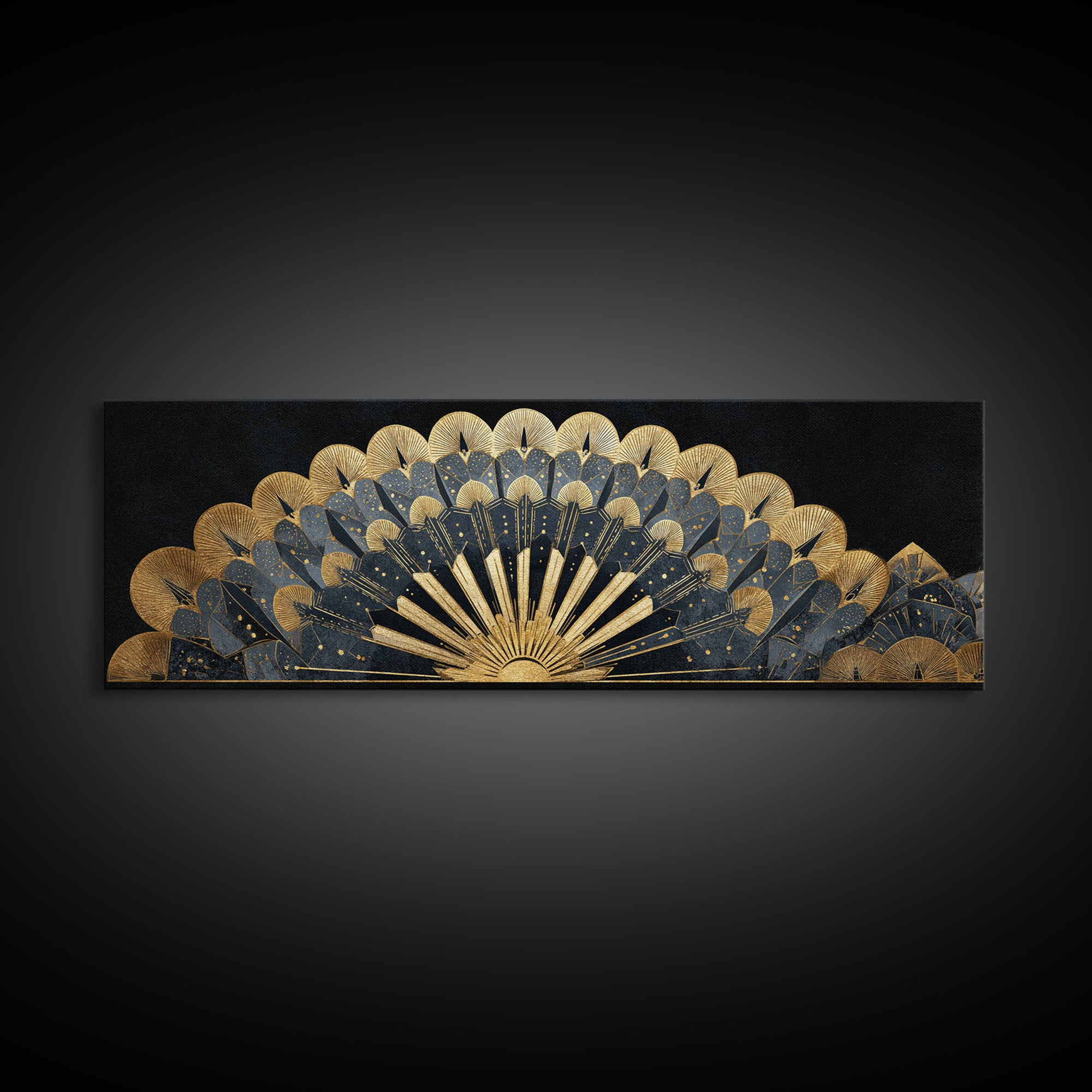 Art Deco Gold Fan Pattern Framed Canvas Print, Wall Art, Painting, Living Room Decor, Fine Art, Wall Hanging, WAL-3x1-84