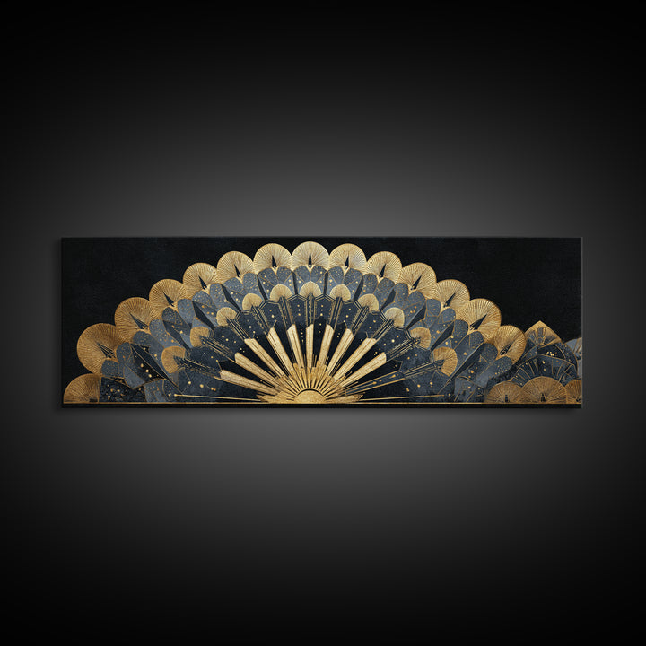 Art Deco Gold Fan Pattern Framed Canvas Print, Wall Art, Painting, Living Room Decor, Fine Art, Wall Hanging, WAL-3x1-84