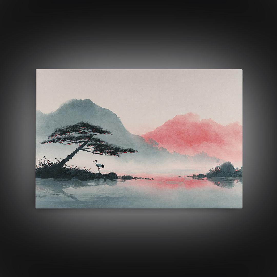 Monochrome Ink Crane Composition Framed Canvas Print, Wall Art, Living Room Decor, Oil Painting, Metal Wall Art, WAL-3x2-100