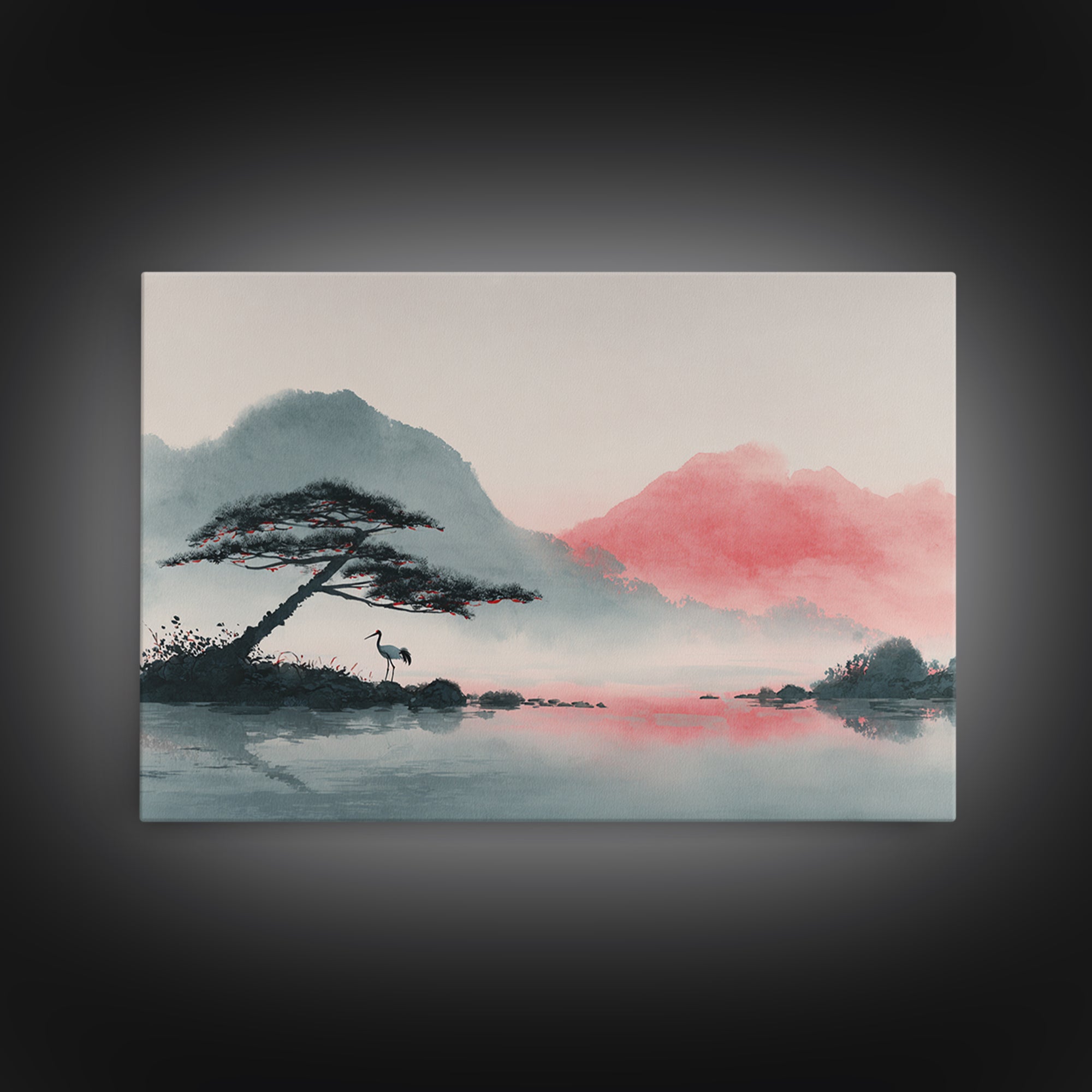 Monochrome Ink Crane Composition Framed Canvas Print, Wall Art, Living Room Decor, Oil Painting, Metal Wall Art, WAL-3x2-100