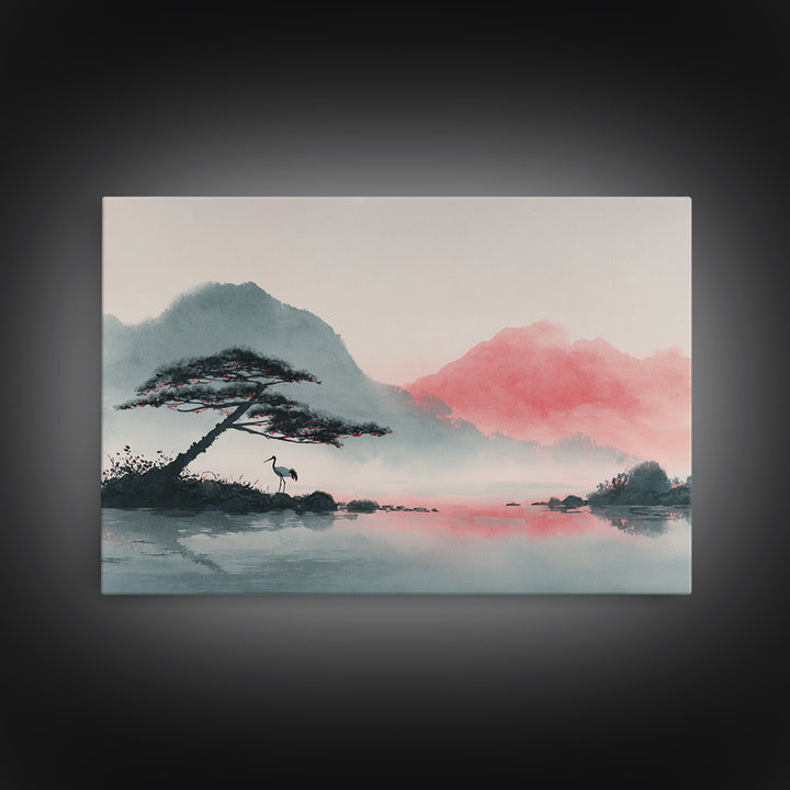 Monochrome Ink Crane Composition Framed Canvas Print, Wall Art, Living Room Decor, Oil Painting, Metal Wall Art, WAL-3x2-100