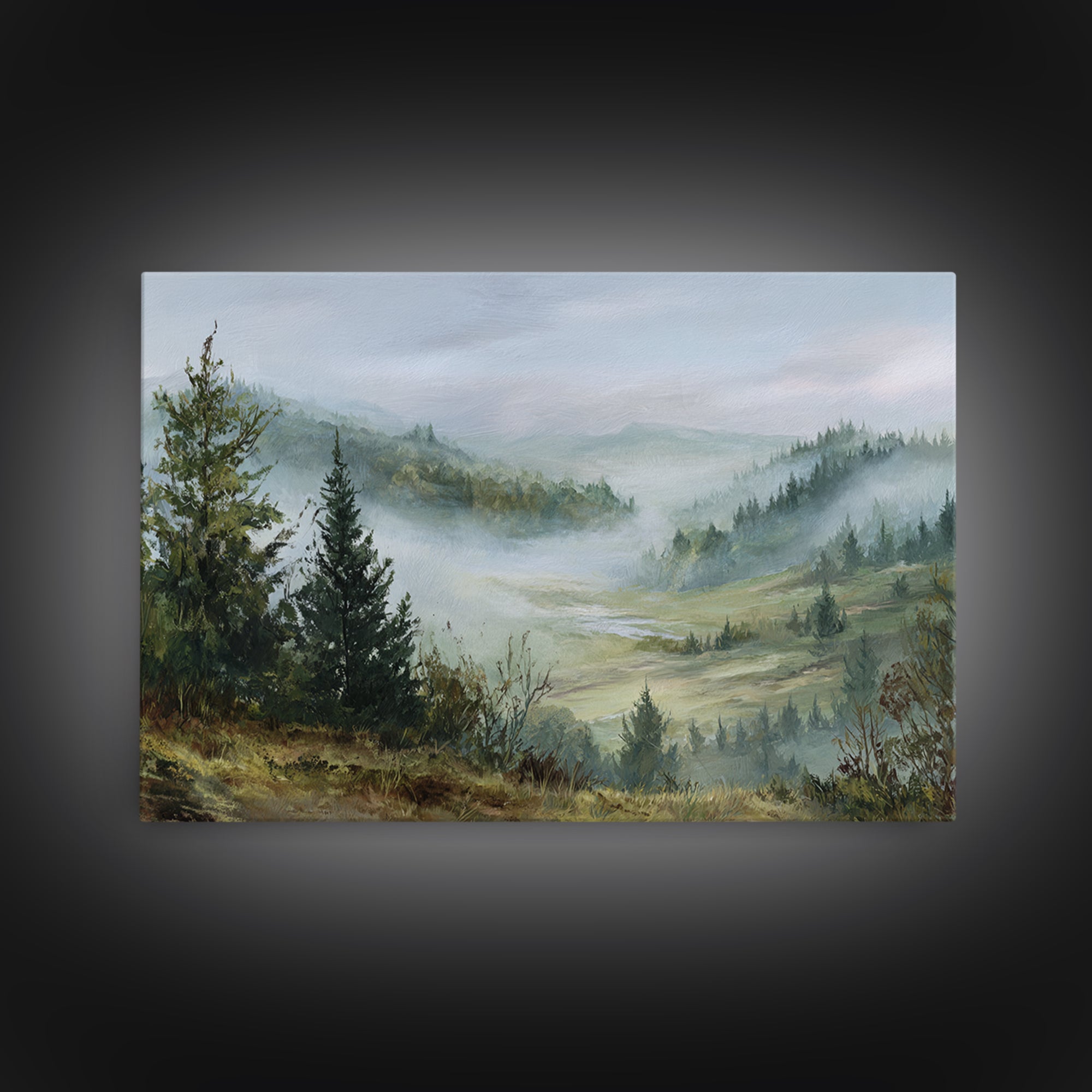 Moody Forest Landscape Framed Canvas Print, Wall Art, Metal Wall Art, Living Room Decor, Oil Painting, Digital Print, WAL-3x2-14