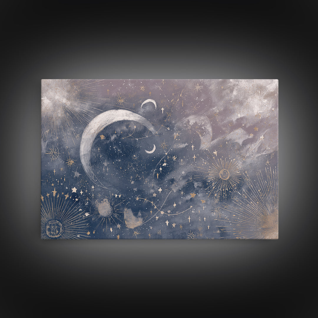Celestial Moon and Stars Artwork Framed Canvas Print, Wall Art, Digital Wall Art, Living Room Decor, Fine Art, WAL-3x2-18