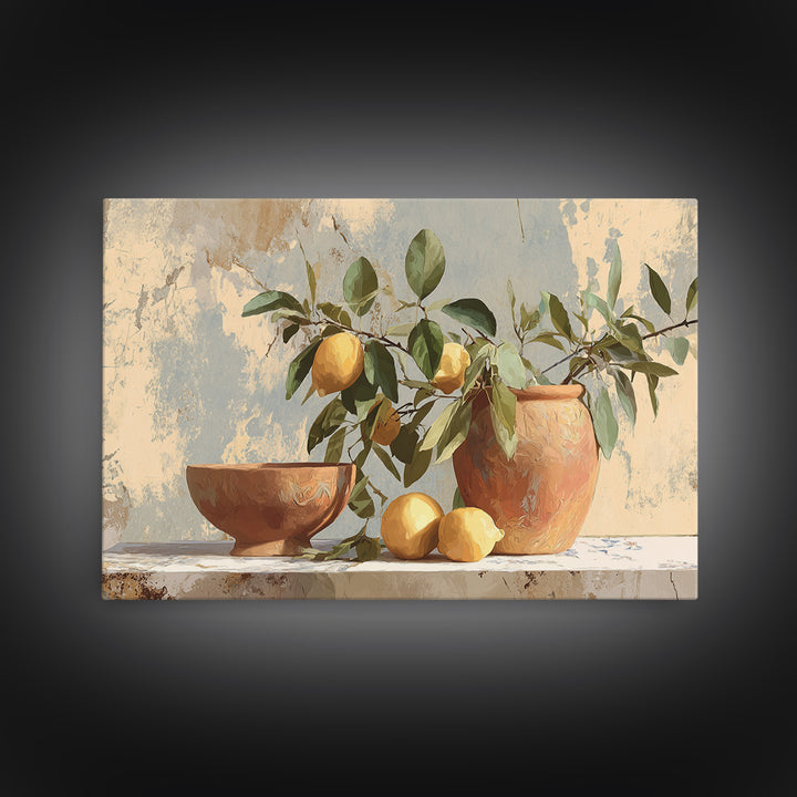 Mediterranean Lemon Branch Still Life Framed Canvas Print, Wall Art, Canvas, Living Room Decor, Watercolor Art, WAL-3x2-2