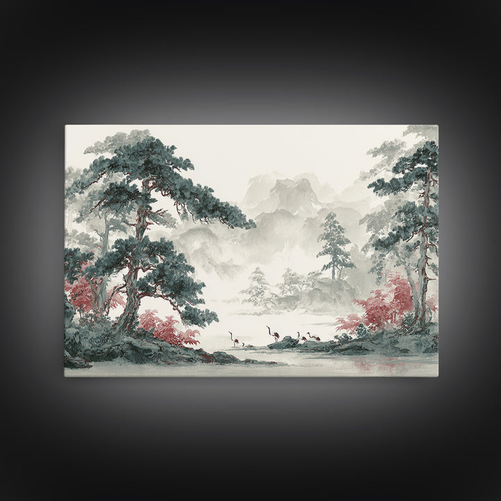 Monochrome Ink Crane Composition Framed Canvas Print, Wall Art, Original Art, Living Room Decor, Fine Art, Modern Decor, WAL-3x2-28