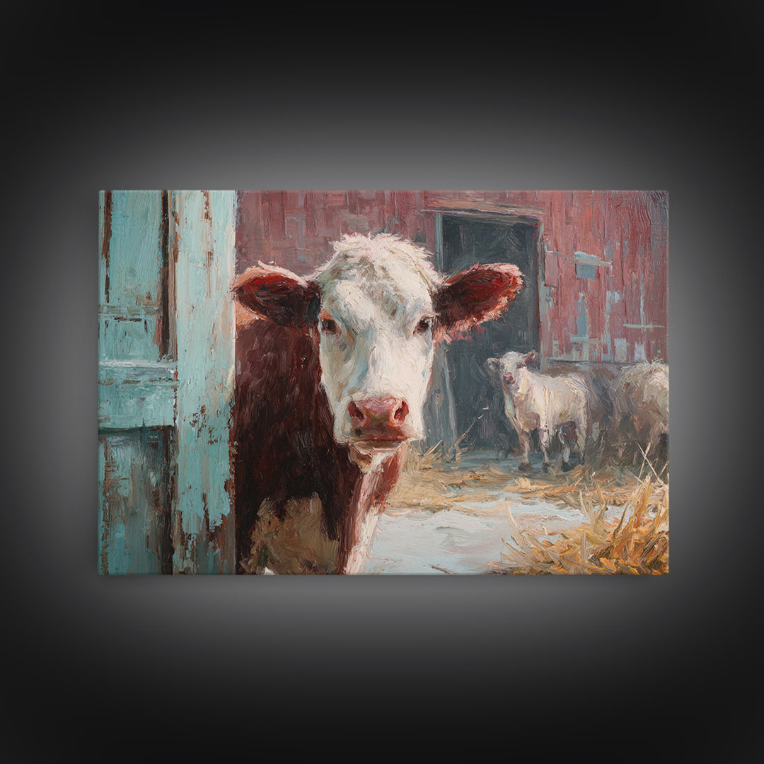 Rustic Farmhouse Cow Portrait Framed Canvas Print, Wall Art, Heart, Living Room Decor, Fine Art, Home Decor Gift, WAL-3x2-47