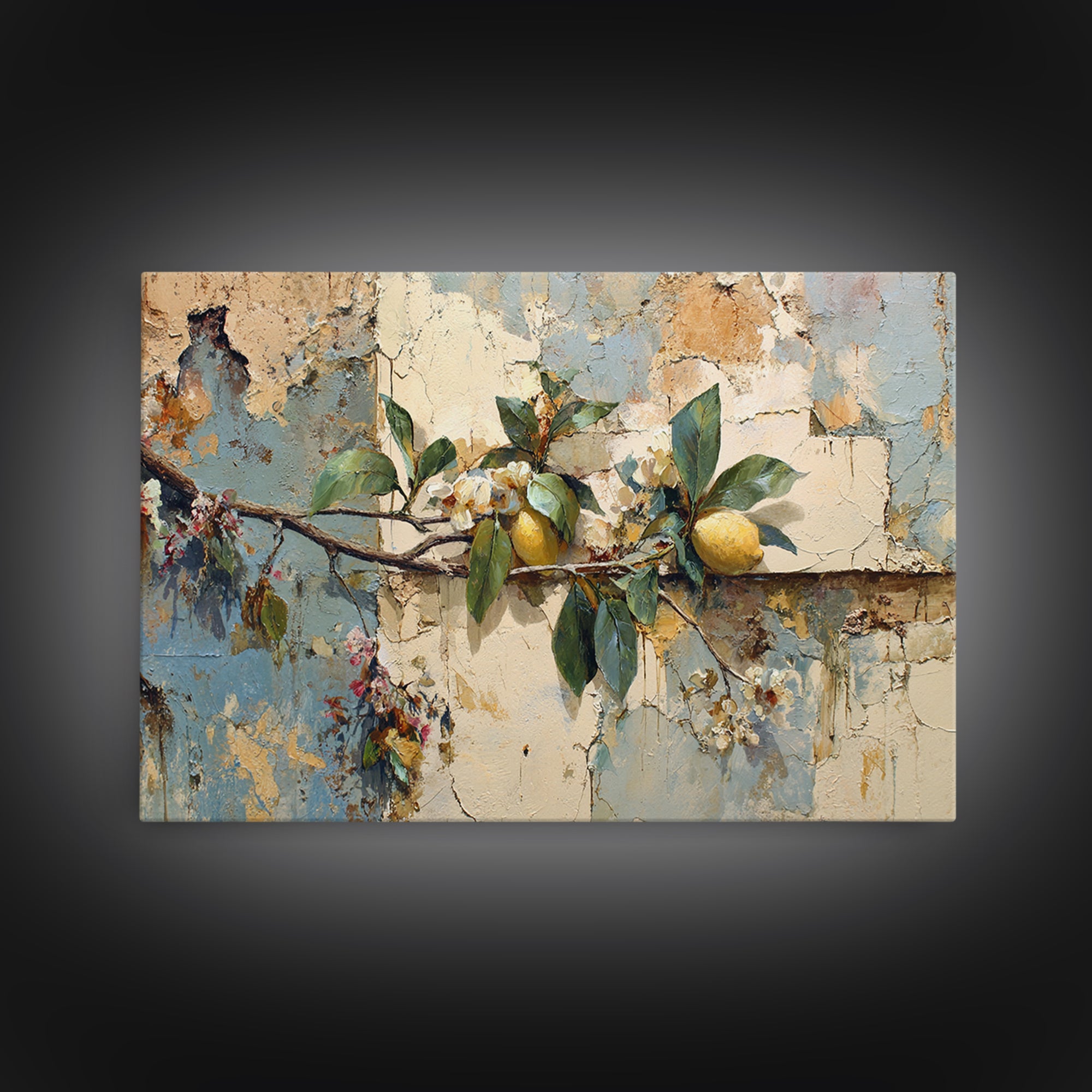 Mediterranean Lemon Branch Still Life Framed Canvas Print, Wall Art, Framed Wall Art, Living Room Decor, Fine Art, WAL-3x2-50