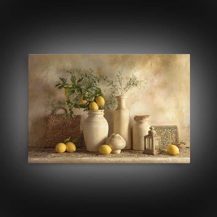 Mediterranean Lemon Branch Still Life Framed Canvas Print, Wall Art, Framed Wall Art, Living Room Decor, Fine Art, WAL-3x2-74