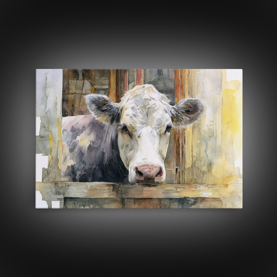 Rustic Farmhouse Cow Portrait Framed Canvas Print, Wall Art, Canvas, Living Room Decor, Oil Painting, Canvas Wall Art, WAL-3x2-95