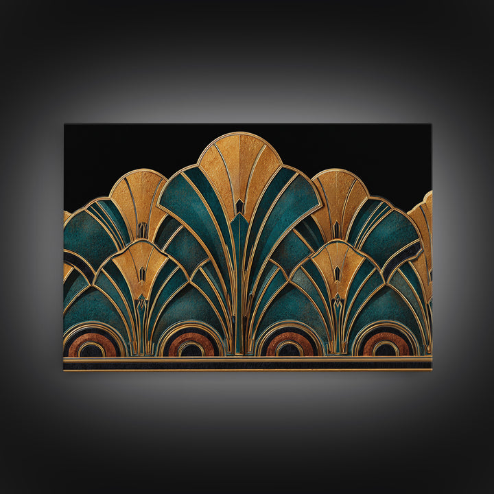 Art Deco Gold Fan Pattern Framed Canvas Print, Wall Art, Painting, Living Room Decor, Fine Art, Wall Hanging, WAL-3x2-96