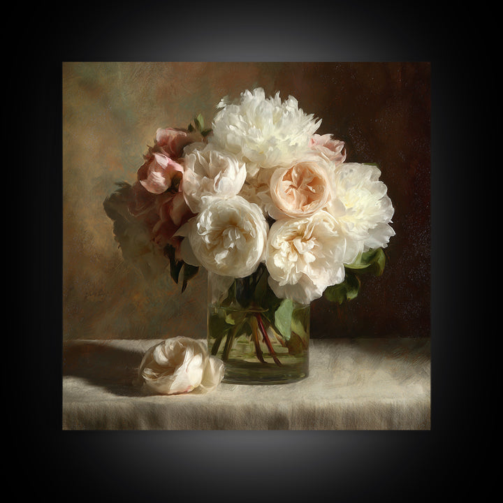 Romantic Bouquet of White Roses and Peonies Canvas Print, Wedding Art, Wedding Painting, Living Room Decor, Fine Art, Romance, WED-1x1-25