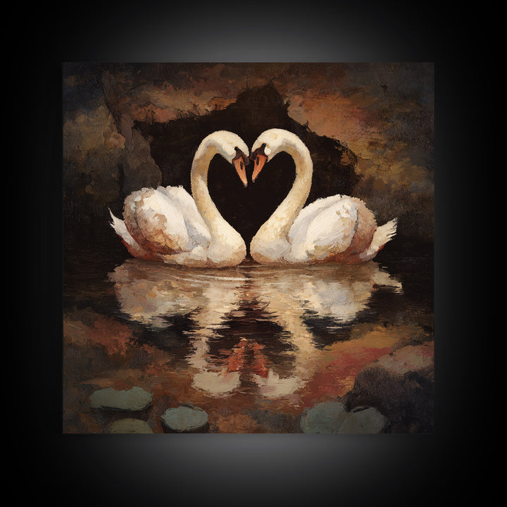 Two Swans Forming a Heart on Dark Canvas Print, Wedding Art, Unique Wedding Gift, Living Room Decor, Fine Art, Romance, WED-1x1-26