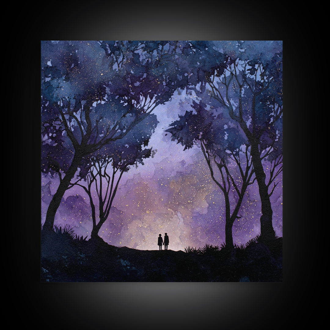 Couple Silhouette Beneath Moonlit Trees Framed Canvas Print, Wedding Art, Personalized Wedding, Living Room Decor, Romance, WED-1x1-29