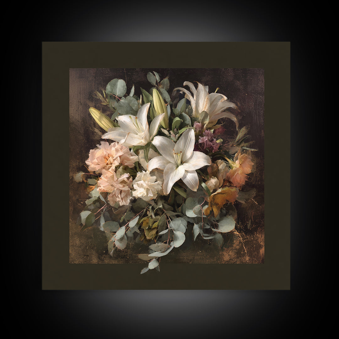 White Lilies and Eucalyptus Arrangement Framed Canvas Print, Wedding Art, Wedding Poster, Living Room Decor, Abstract Art, WED-1x1-33
