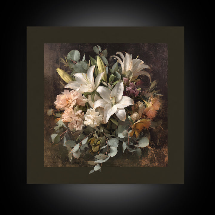 White Lilies and Eucalyptus Arrangement Framed Canvas Print, Wedding Art, Wedding Poster, Living Room Decor, Abstract Art, WED-1x1-33