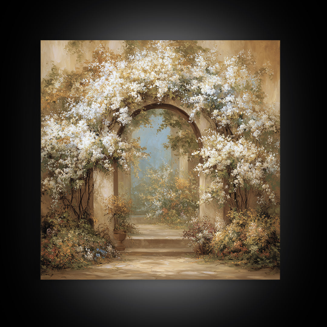Romantic Garden Arch Covered Framed Canvas Print, Wedding Art, Beach Wedding, Living Room Decor, Romance, Modern Decor, WED-1x1-34