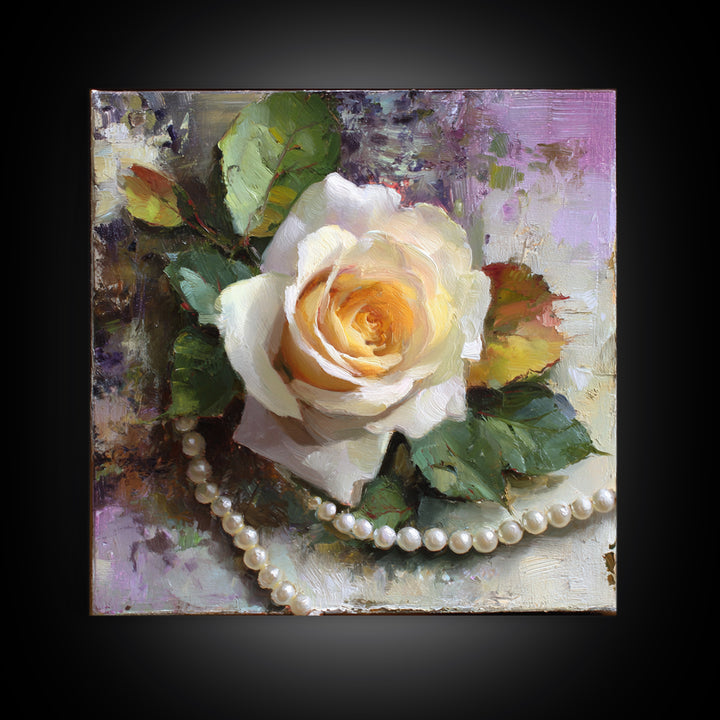 Pearl Necklace and Rose Still Life Canvas Print, Wedding Art, Framed Art, Living Room Decor, Watercolor Art, Romance, WED-1x1-36