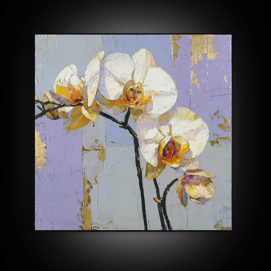 White Orchid and Gold Ribbon Composition Framed Canvas Print, Wedding Art, Wedding, Living Room Decor, Fine Art, Romance, WED-1x1-48