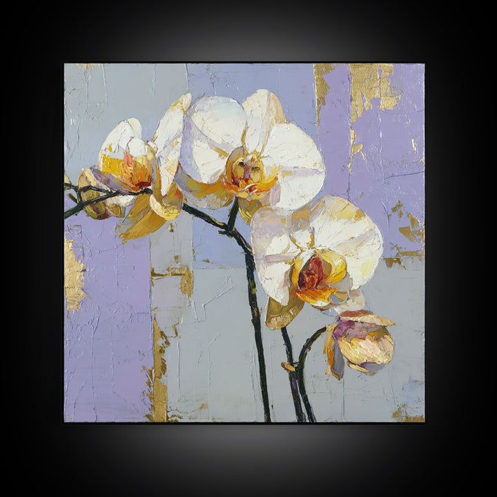 White Orchid and Gold Ribbon Composition Framed Canvas Print, Wedding Art, Wedding, Living Room Decor, Fine Art, Romance, WED-1x1-48
