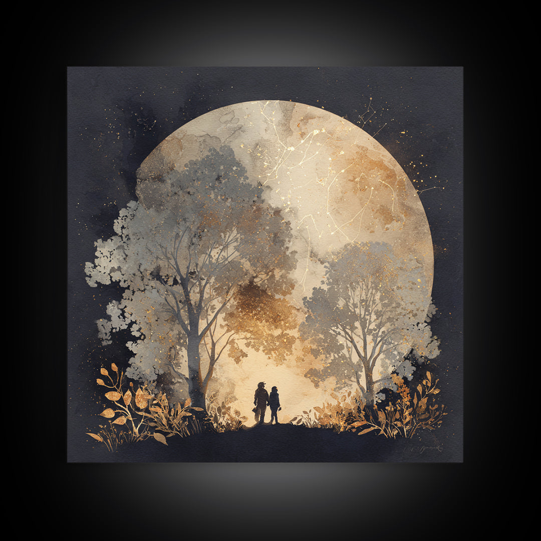 Couple Silhouette Beneath Moonlit Trees Canvas Print, Wedding Art, Beach Wedding, Living Room Decor, Fine Art, Romance, WED-1x1-5