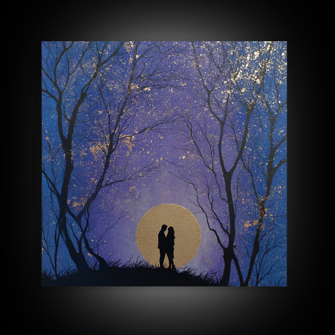 Couple Silhouette Beneath Moonlit Trees Framed Canvas Print, Wedding Art, Personalized Wedding, Living Room Decor, Romance, WED-1x1-53