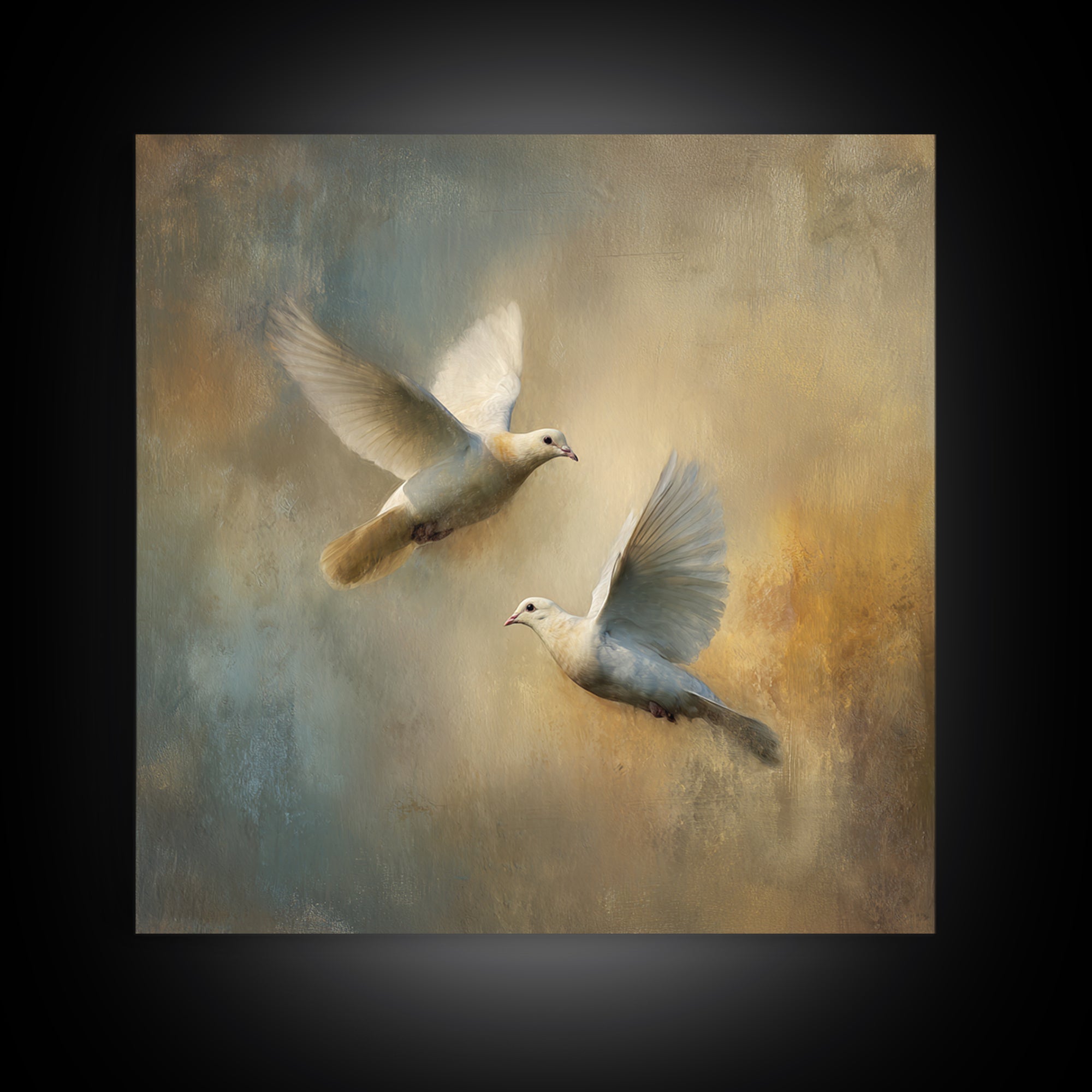 Doves Flying Through Soft Golden Light Canvas Print, Wedding Art, Wedding Painting, Living Room Decor, Fine Art, Romance, WED-1x1-59