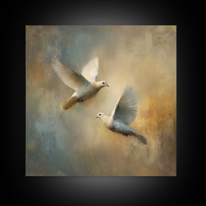 Doves Flying Through Soft Golden Light Canvas Print, Wedding Art, Wedding Painting, Living Room Decor, Fine Art, Romance, WED-1x1-59