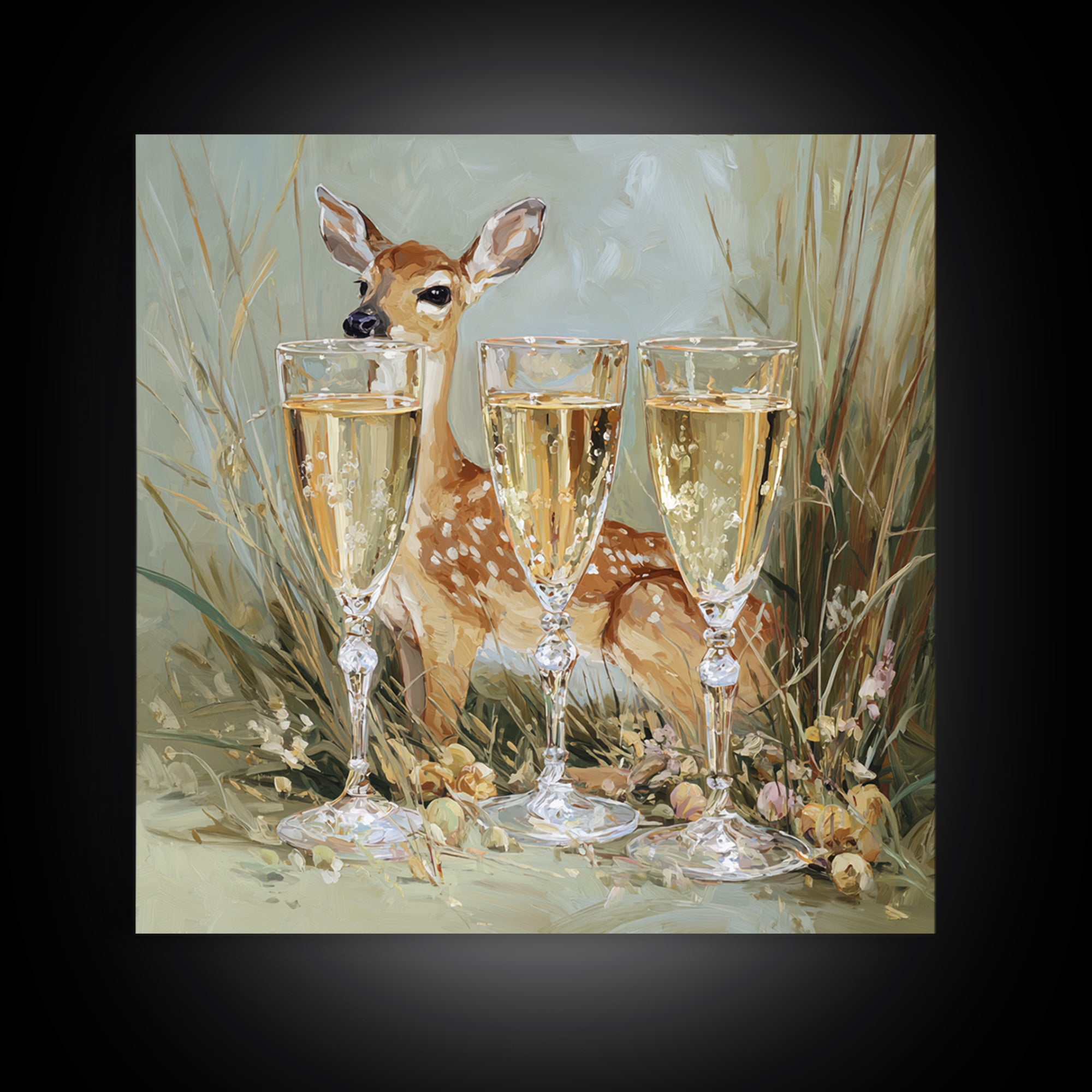 Champagne Glasses with Delicate Sparkle Framed Canvas Print, Wedding Art, Jewish Art, Living Room Decor, Watercolor Art, WED-1x1-6