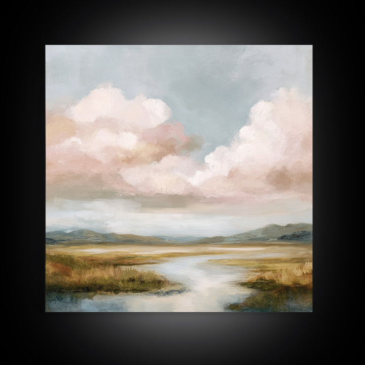 Blush Cloudscape with Dreamy Atmosphere Framed Canvas Print, Wedding Art, Personalized Wedding, Living Room Decor, Romance, WED-1x1-63