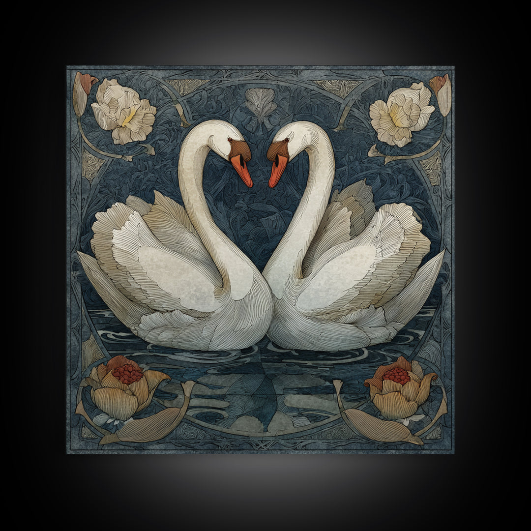 Two Swans Forming a Heart on Dark Framed Canvas Print, Wedding Art, Personalized Art, Living Room Decor, Fine Art, Romance, WED-1x1-74