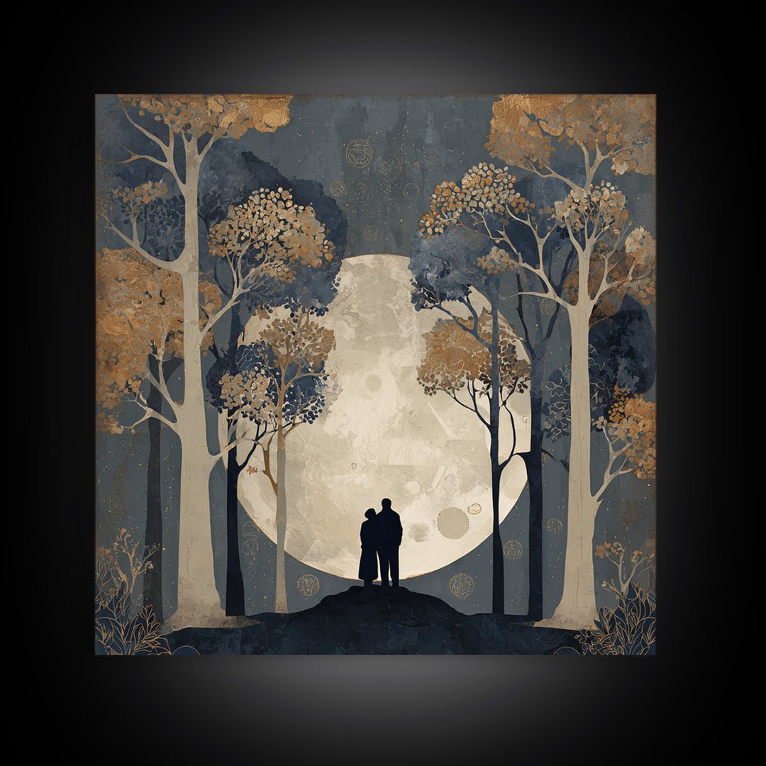 Couple Silhouette Beneath Moonlit Trees Canvas Print, Wedding Art, Neutral Decor, Living Room Decor, Fine Art, Romance, WED-1x1-77