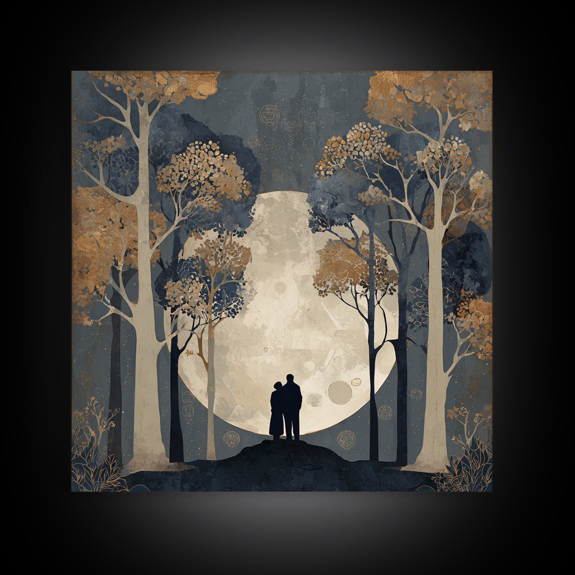 Couple Silhouette Beneath Moonlit Trees Canvas Print, Wedding Art, Neutral Decor, Living Room Decor, Fine Art, Romance, WED-1x1-77