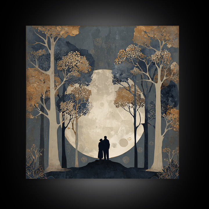 Couple Silhouette Beneath Moonlit Trees Canvas Print, Wedding Art, Neutral Decor, Living Room Decor, Fine Art, Romance, WED-1x1-77