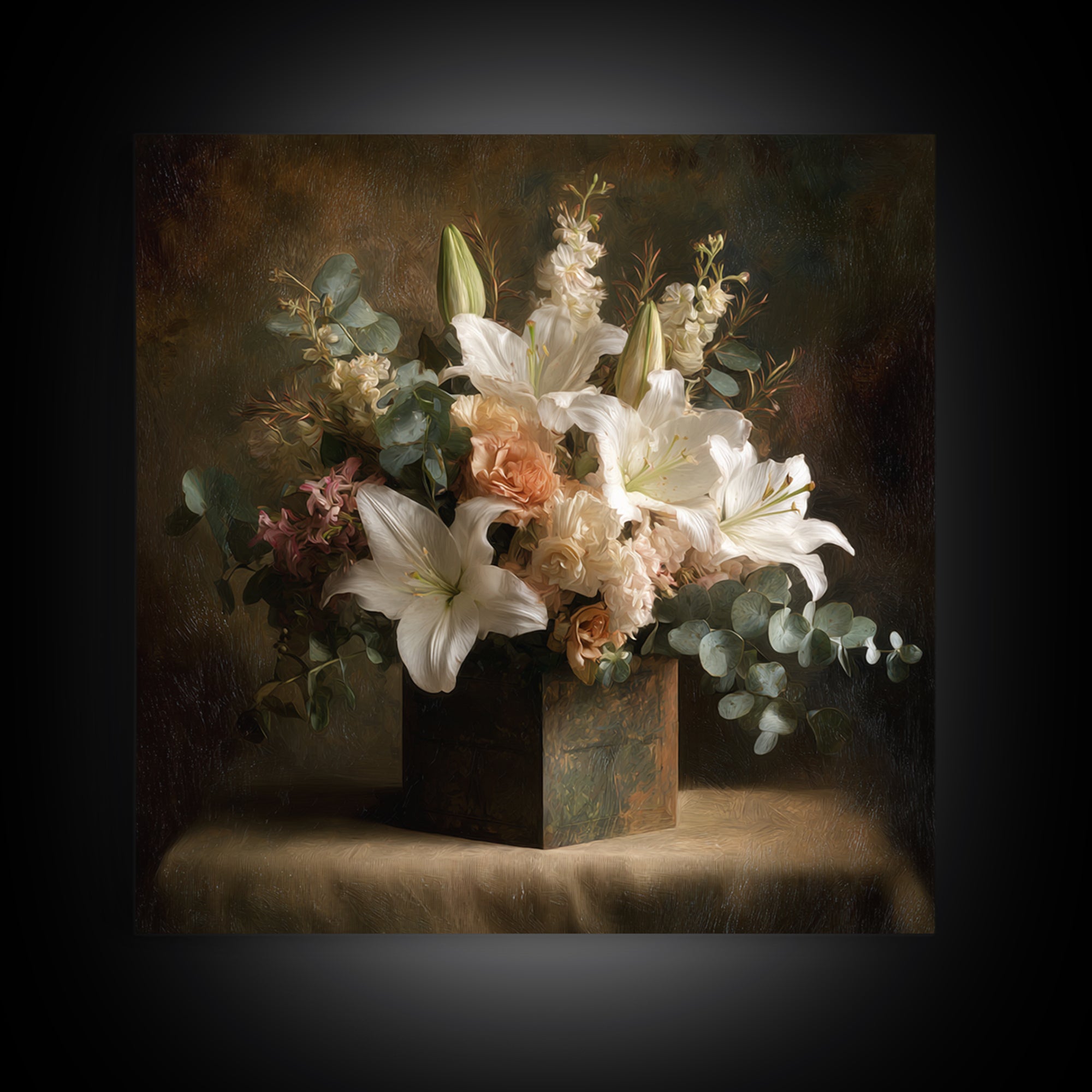 White Lilies and Eucalyptus Arrangement Canvas Print, Wedding Art, Modern Decor, Living Room Decor, Fine Art, Romance, WED-1x1-81
