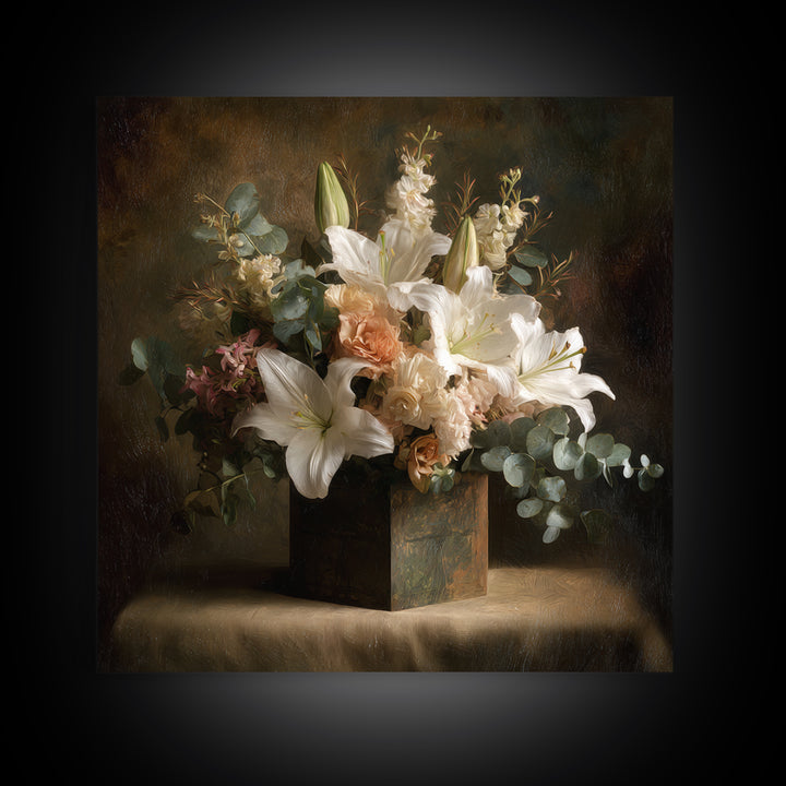 White Lilies and Eucalyptus Arrangement Canvas Print, Wedding Art, Modern Decor, Living Room Decor, Fine Art, Romance, WED-1x1-81