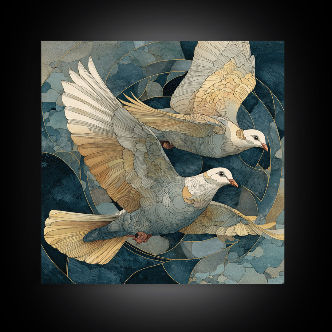 Doves Flying Through Soft Golden Light Framed Canvas Print, Wedding Art, Wall Decor, Living Room Decor, Fine Art, Romance, WED-1x1-83