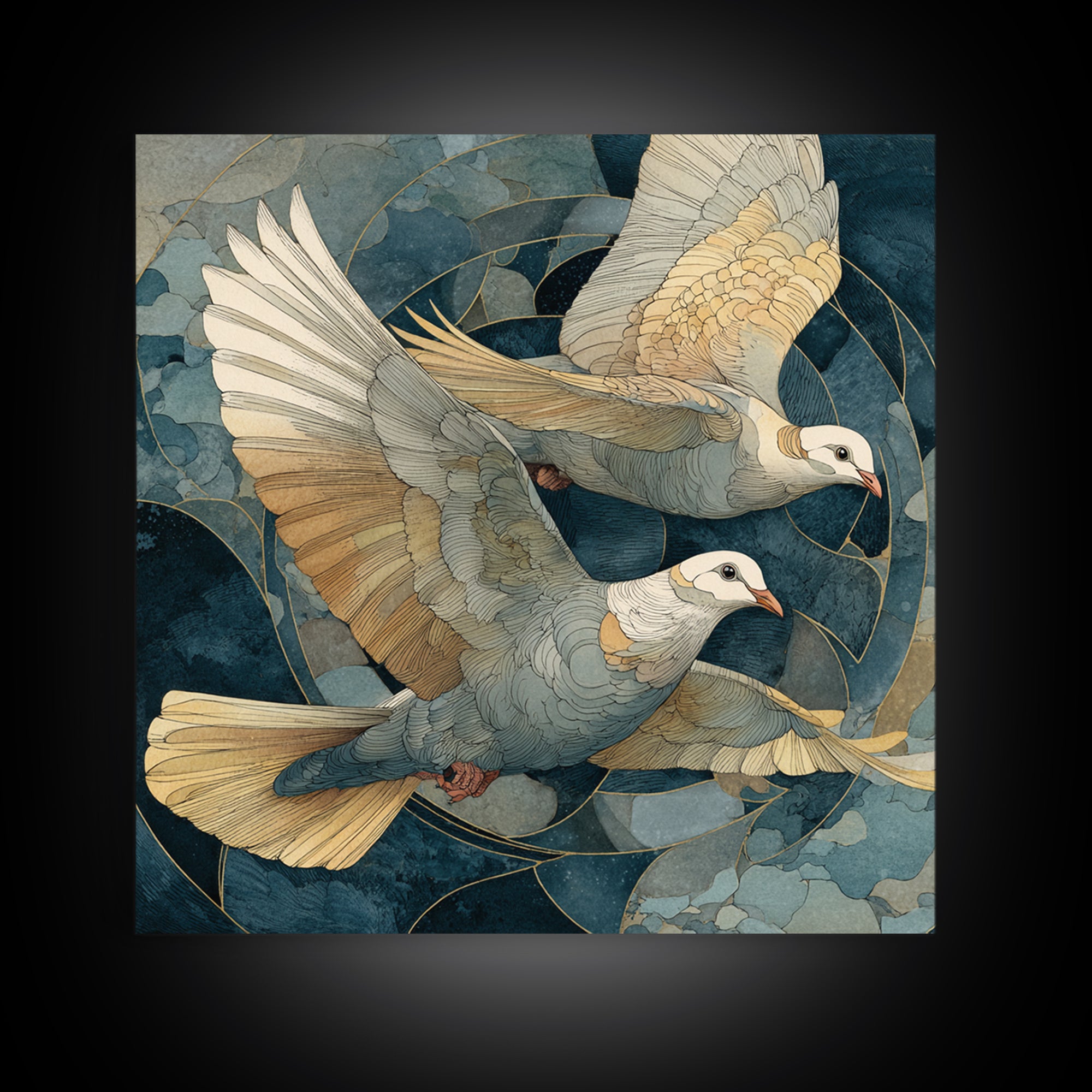 Doves Flying Through Soft Golden Light Framed Canvas Print, Wedding Art, Wall Decor, Living Room Decor, Fine Art, Romance, WED-1x1-83