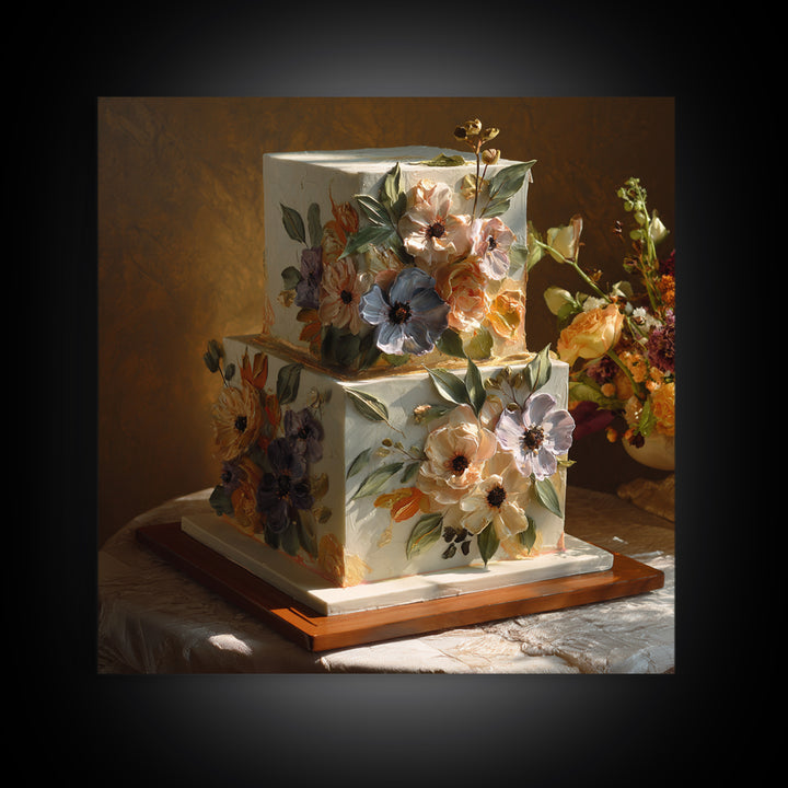 Wedding Cake with Flowers in Painterly Style Canvas Print, Wedding Art, Wedding Poster, Living Room Decor, Oil Painting, WED-1x1-86