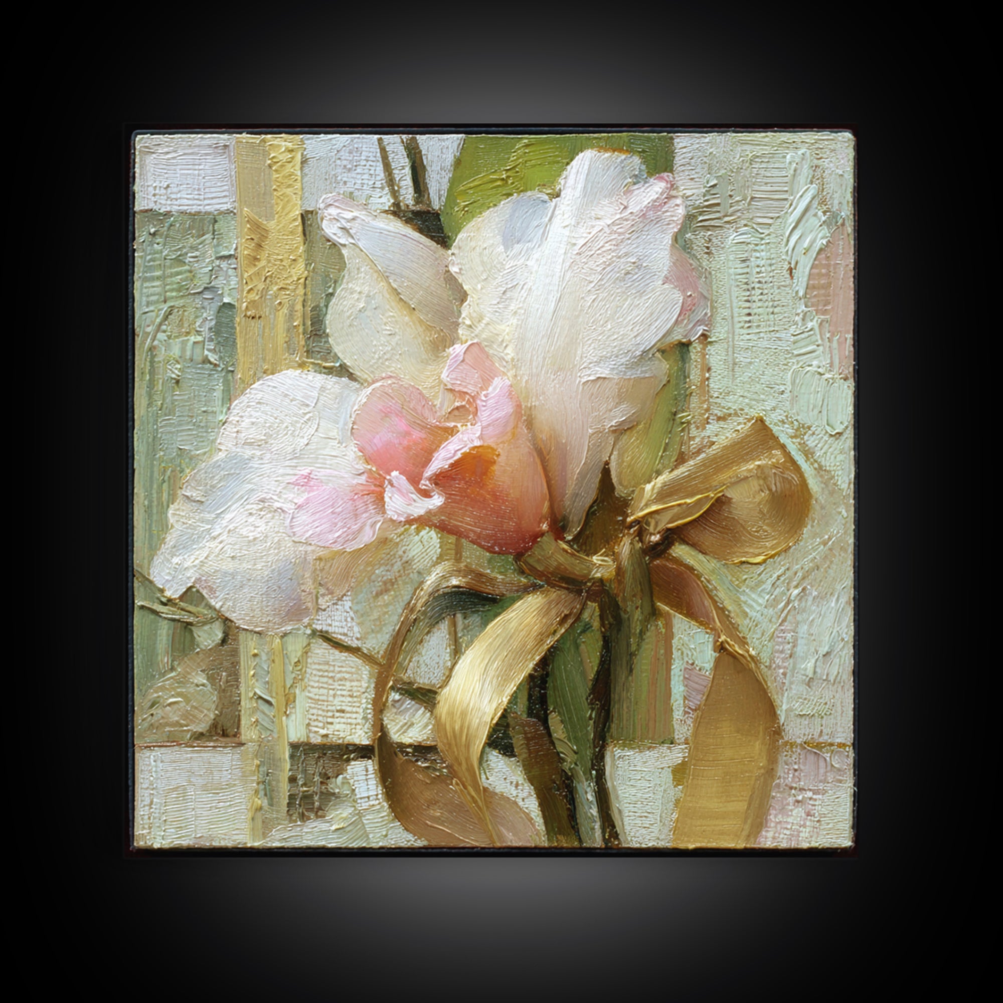 White Orchid and Gold Ribbon Composition Framed Canvas Print, Wedding Art, Wedding Gift, Living Room Decor, Fine Art, Romance, WED-1x1-96