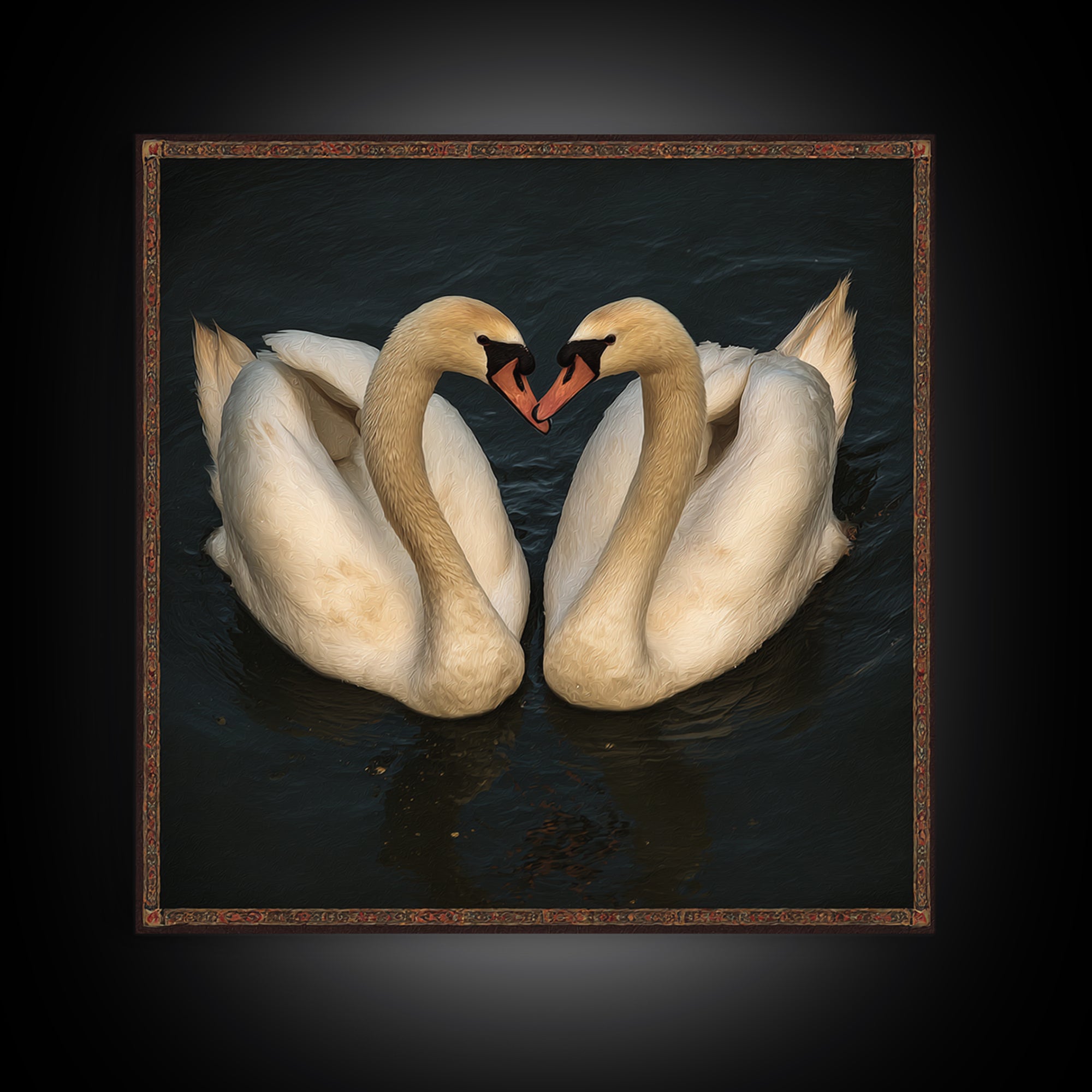 Two Swans Forming a Heart on Dark Canvas Print, Wedding Art, Gallery Decor, Living Room Decor, Fine Art, Romance, WED-1x1-98