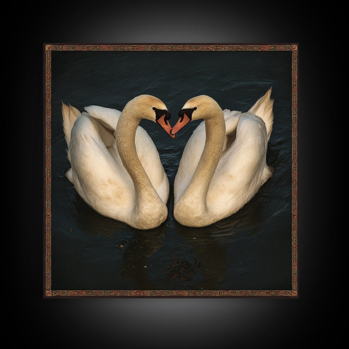 Two Swans Forming a Heart on Dark Canvas Print, Wedding Art, Gallery Decor, Living Room Decor, Fine Art, Romance, WED-1x1-98