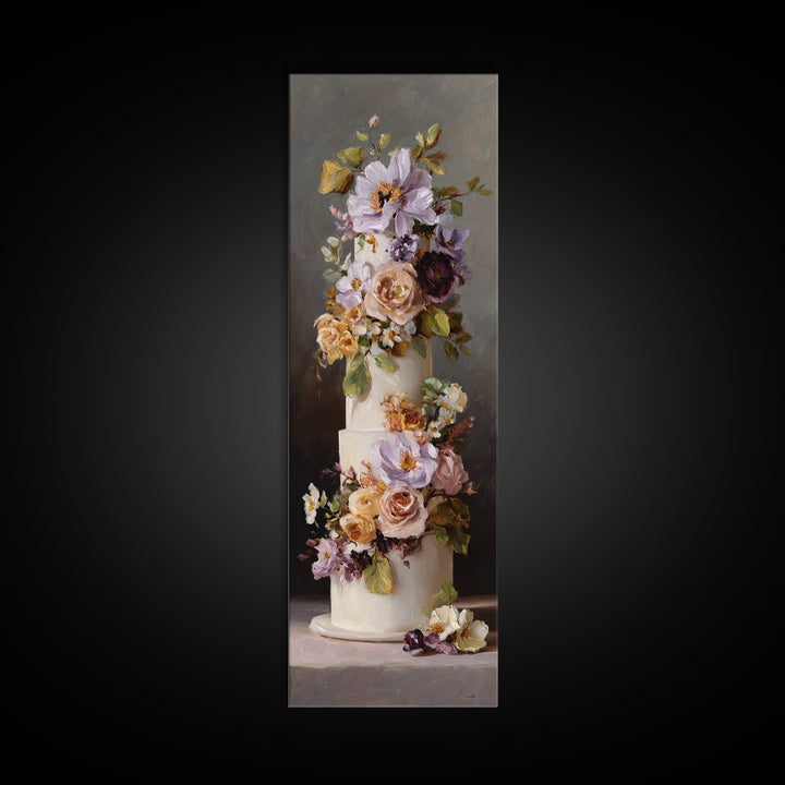 Wedding Cake with Flowers in Painterly Style Canvas Print, Wedding Art, Rustic Wedding, Living Room Decor, Watercolor Art, WED-1x3-2
