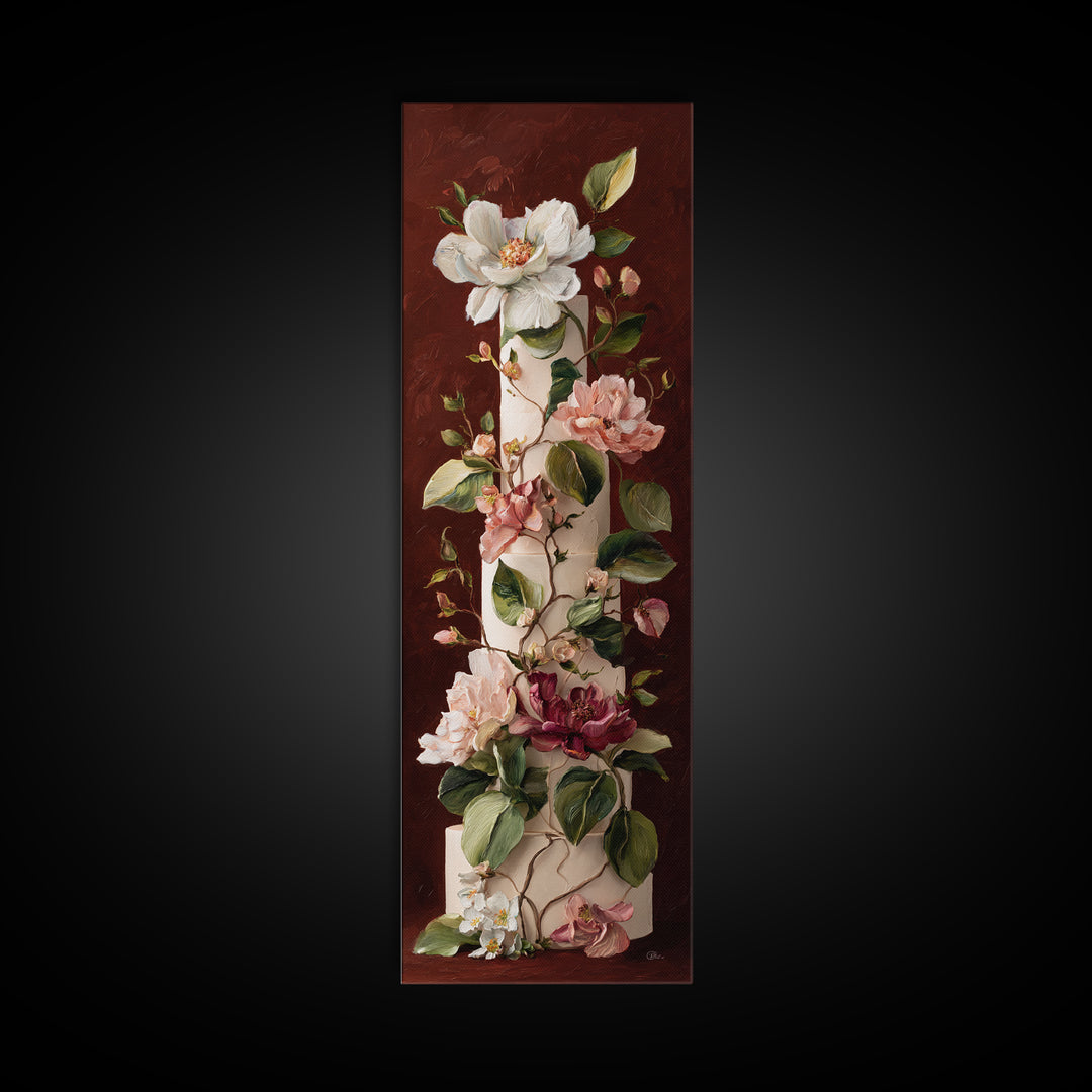 Wedding Cake with Flowers in Painterly Style Canvas Print, Wedding Art, Rustic Wedding, Living Room Decor, Watercolor Art, WED-1x3-26
