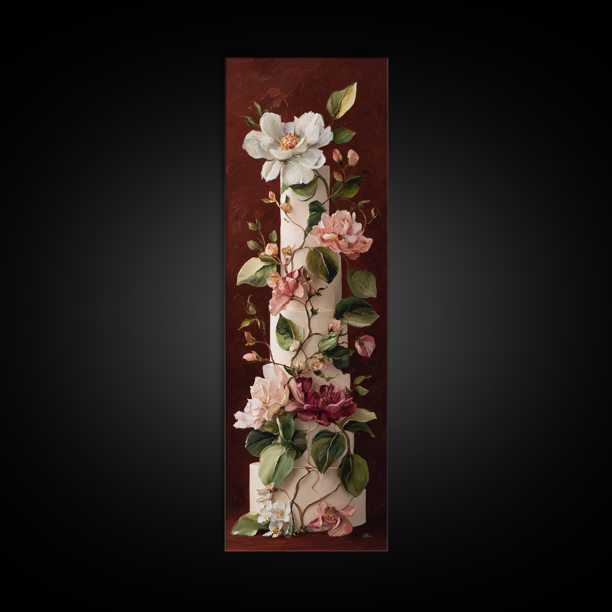 Wedding Cake with Flowers in Painterly Style Canvas Print, Wedding Art, Rustic Wedding, Living Room Decor, Watercolor Art, WED-1x3-26