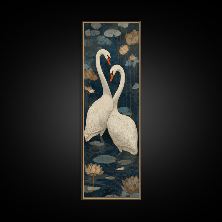 Two Swans Forming a Heart on Dark Canvas Print, Wedding Art, Bride and Groom, Living Room Decor, Romance, Neutral Decor, WED-1x3-38