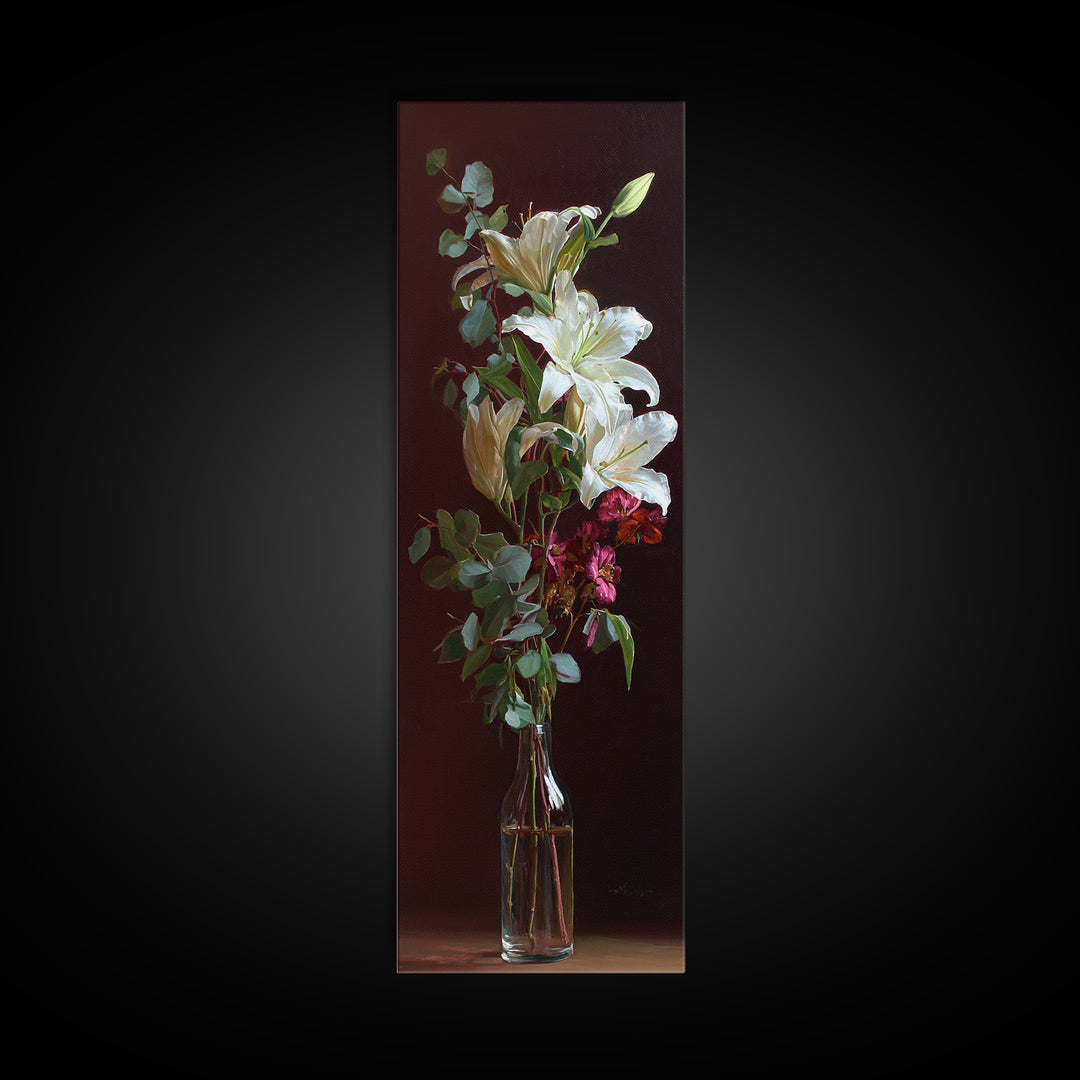 White Lilies and Eucalyptus Arrangement Framed Canvas Print, Wedding Art, Wedding Stationery, Living Room Decor, Oil Painting, WED-1x3-45